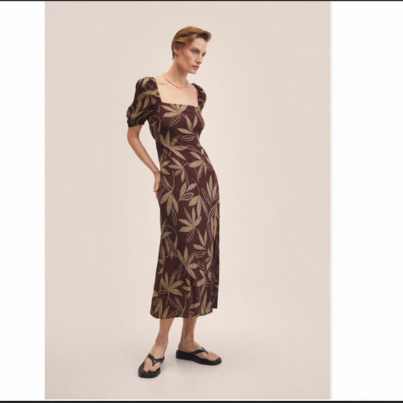 Mango Brown Puff Sleeve Midi Dress with Gold Leaf Print – Size XXL - Picture 9 of 11